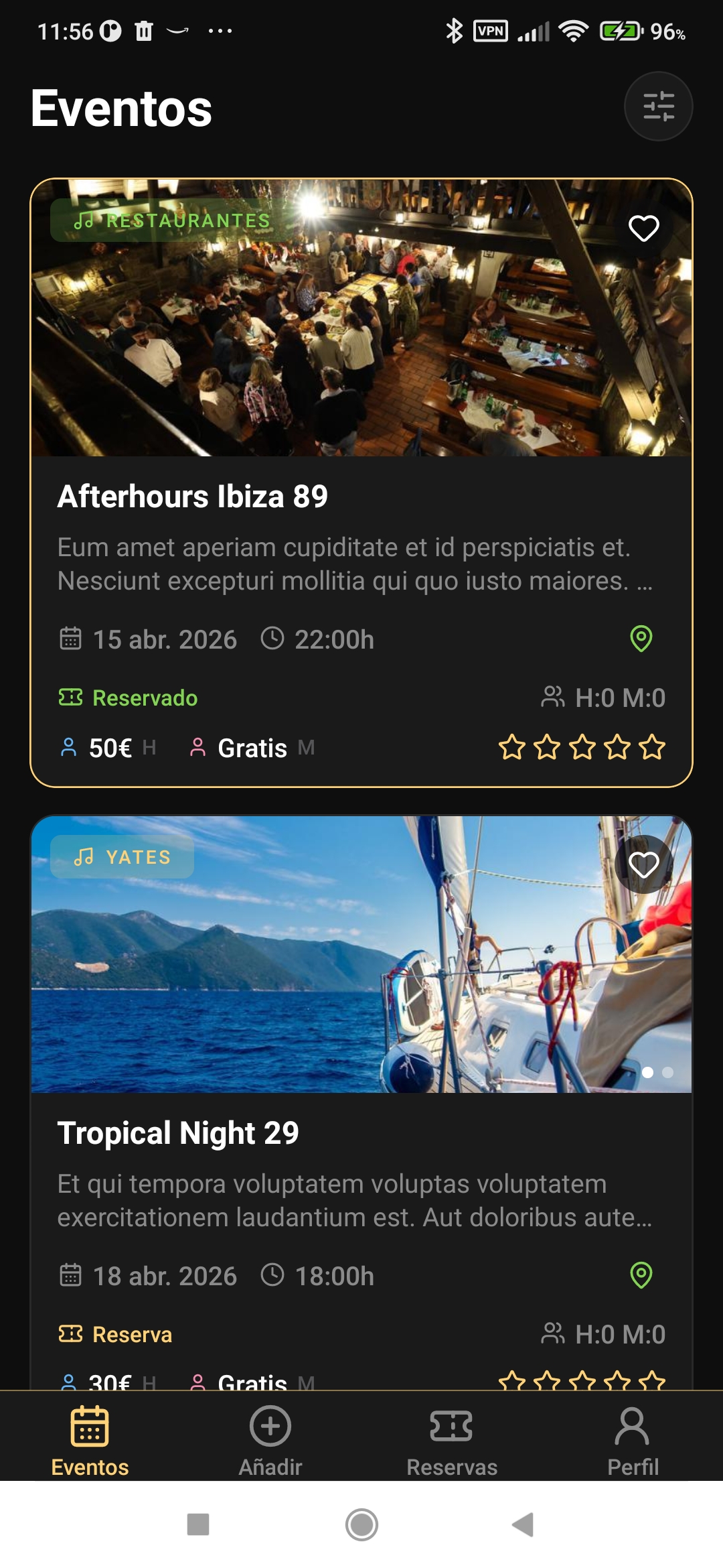 Pantalla de Eventos