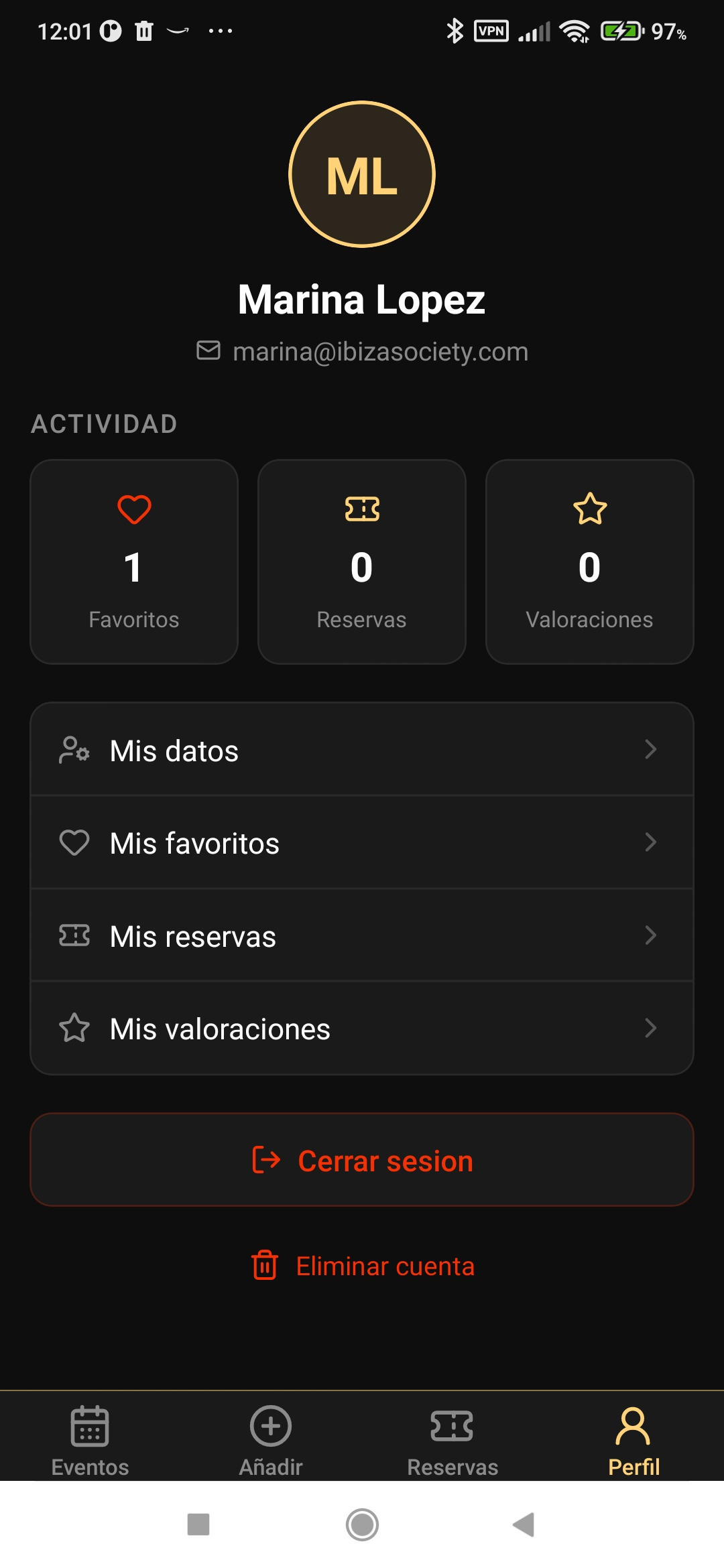 Pantalla de Perfil
